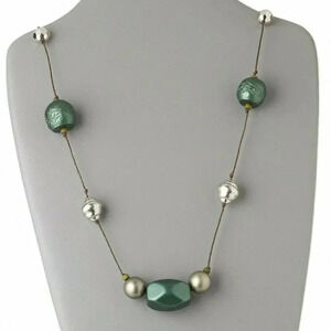 Handcrafted Acrylic Bauble Beads Knotted 36" Long Necklace Brown Green Silver